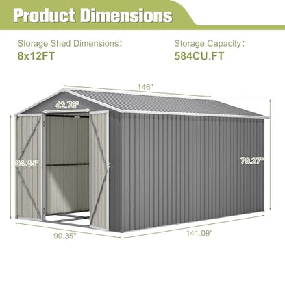 8x12 Ft Large Metal Outdoor Storage Shed with Floor Frame & Lock