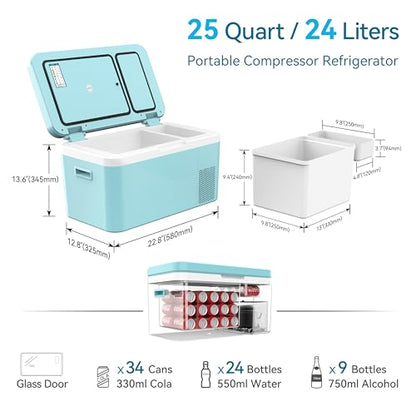 12 Volt Car Refrigerator Dual Zone 25 Quart Portable Freezer 12V Fridge Compressor Cooler 12V