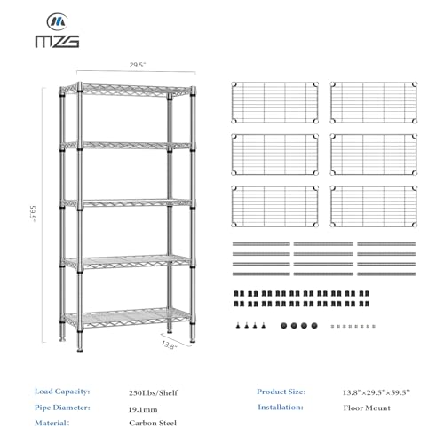 1250 lbs 5 Tier Shelf Metal Storage Shelves Shelving Wire Rack Heavy Duty Closet Organizers for Garage Kitchen Bathroom Laundry Chrome 13.8" D x 29.5" W x 59.5" H (5 Count)