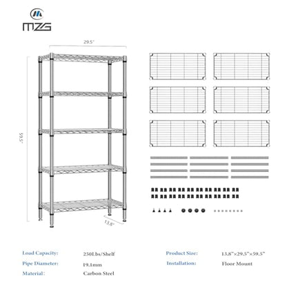 1250 lbs 5 Tier Shelf Metal Storage Shelves Shelving Wire Rack Heavy Duty Closet Organizers for Garage Kitchen Bathroom Laundry Chrome 13.8" D x 29.5" W x 59.5" H (5 Count)
