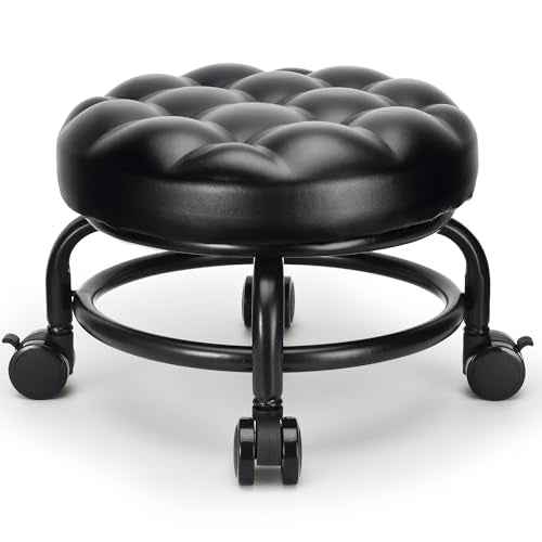 Low Height Rolling Stool Roller Stool PU Leather Comfortable Seat 360°Swivel Rotating