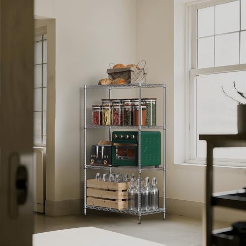 1000 lbs 4Tier Shelf Metal Storage Shelves Wire Rack Closet Organizers with Wheel for Garage Kitchen Bathroom Laundry Chrome 13.7" D x 23.6" W x 53.4" H (4 Count)