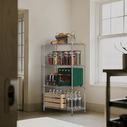 1000 lbs 4Tier Shelf Metal Storage Shelves Wire Rack Closet Organizers with Wheel for Garage Kitchen Bathroom Laundry Chrome 13.7" D x 23.6" W x 53.4" H (4 Count)