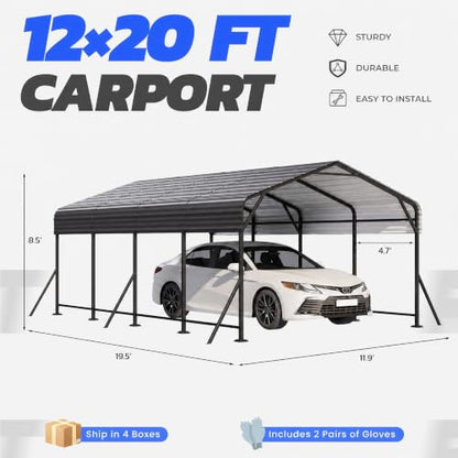 12' x 20' Heavy Duty Metal Carport with Galvanized Steel Roof & Base for All