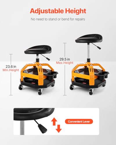 Mechanic Stool Dual Storage Trays Rolling Stool and Garage Stool with Adjustable Height 23.6