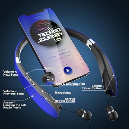 Foldable Bluetooth Headphones Wireless Neckband Headset with Retractable Earbuds