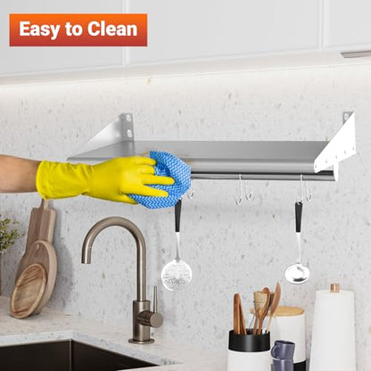 12" x 24" Stainless Steel Wall Mounted Shelf with 4 Hooks