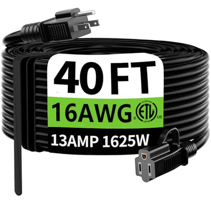 Indoor Outdoor Black Extension Cord 40 FT Waterproof 16