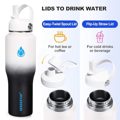 32oz Water Bottle Wide Mouth Stainless Steel Vacuum Insulated Double Wall with 2 Straw Lids Fit in Any Car Cup Holder