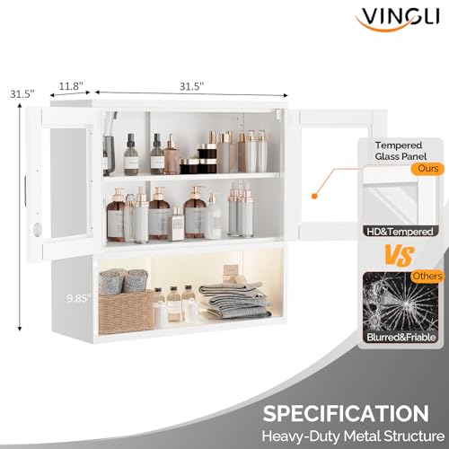 Metal Wall Cabinet with Locking Glass Doors & Magnetic LED Sensor Light