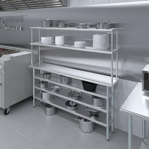 14" x 72" Stainless Steel Work Table with 3 Shelves and 12" Wide Double Tier Overshelf