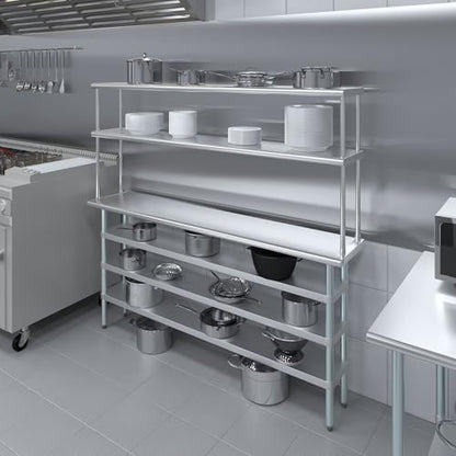 14" x 72" Stainless Steel Work Table with 3 Shelves and 12" Wide Double Tier Overshelf