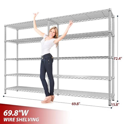 69.8" W Storage Shelves 1510LBS Wire Shelving Unit 5 Tier Metal Shelving for Storage Rack Shelves Adjustable Heavy Duty Garage Shelf Pantry Shelves Kitchen Shelving (5 Count)
