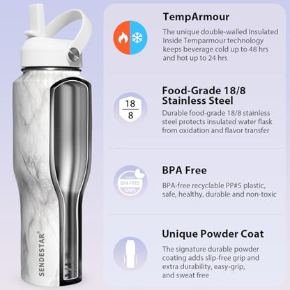 32oz Water Bottle Wide Mouth Stainless Steel Vacuum Insulated Double Wall with 2 Straw Lids Fit in Any Car Cup Holder