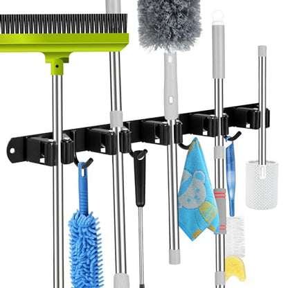 2 Pack] 5 Racks and 4 Hooks Mop and Broom Holder Wall Mount (2 Count)