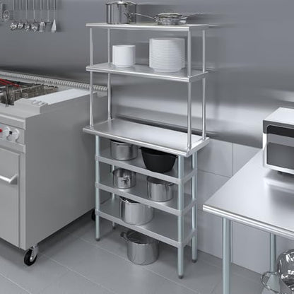 14" x 36" Stainless Steel Work Table with 3 Shelves and 12" Wide Double Tier Overshelf