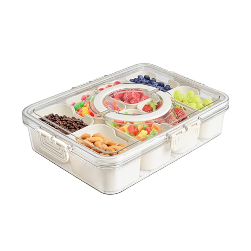 Divided Veggie Tray with Lid and Handle 8 Compartment Serving Tray with Dividers Portable Travel Snack Containers Stackable Snackle Box Charcuterie Container for Fruit