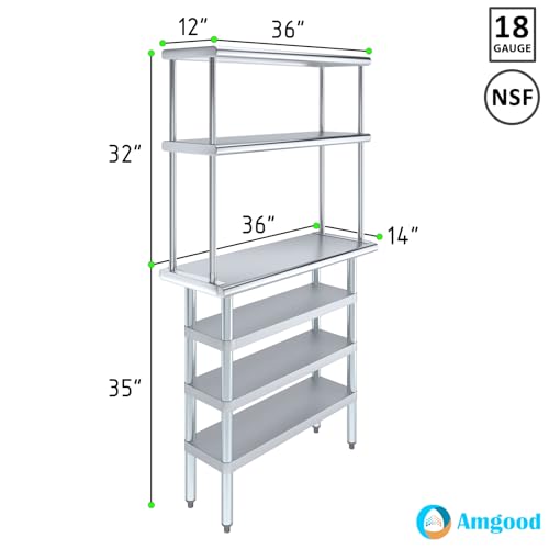 14" x 36" Stainless Steel Work Table with 3 Shelves and 12" Wide Double Tier Overshelf