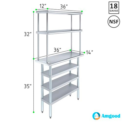14" x 36" Stainless Steel Work Table with 3 Shelves and 12" Wide Double Tier Overshelf