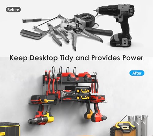Garage Tools Storage with Charging Station. Power Tool Battery Organizer Utility Shelf with Power Strip. 4 Drills Holder Wall Mount Rack (5.4 Count)