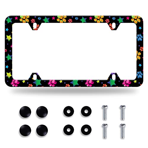 Colorful Paw License Plate Frame Stainless Steel Accessory 12.3x6.3 Inch
