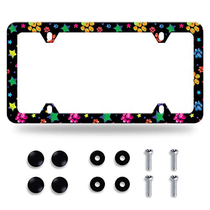 Colorful Paw License Plate Frame Stainless Steel Accessory 12.3x6.3 Inch