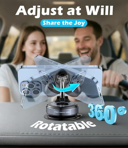 15W Wireless Charger Magnetic Car Phone Holder [Vacuum Suction Cup] 360° Adjustable & Foldable Car Mount for Dashboard