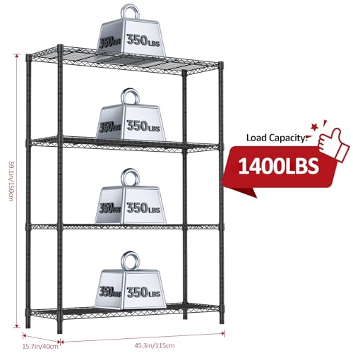 1400 LBS Garage Black Shelving Wide Storage Shelves 4 Tier Adjustable Heavy Duty Metal Wire Rack Standing Shelf Unit for Kitchen Office College Dorm Garage Warehouse 15.8" x 45.8"x 59.4"