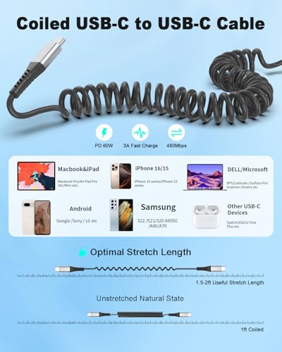 Coiled USB C to C Cable for Car (2 Count)
