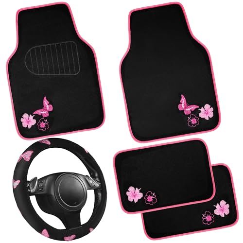 Embroidery Butterfly Steering Wheel Cover and Waterproof Car Floor Mats