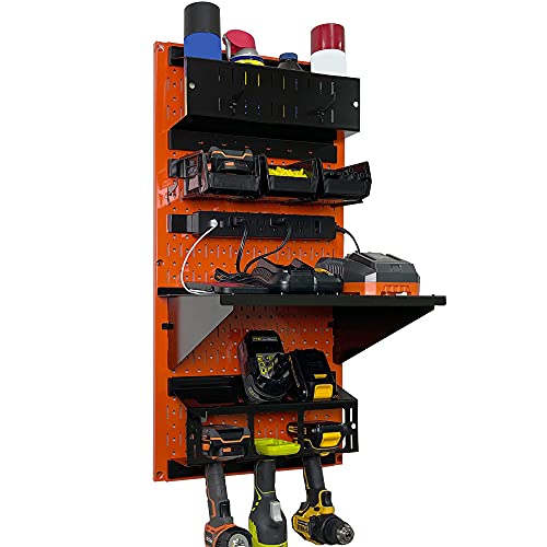 Power Tool Storage Organizer Kit Cordless Drill Holder Charging Station Rack 16” x 32” Metal Pegboard Organization System