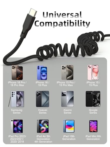 Car Carplay Cable 2Pack 3ft Coiled USB A to USB C Fast Charge Cord (2 Count)