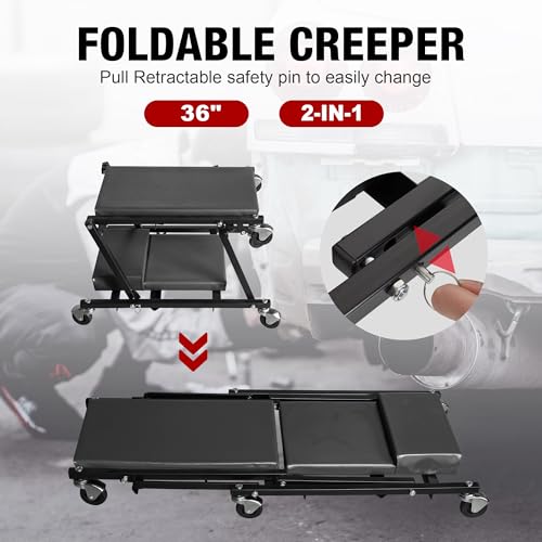 2-in-1 Foldable Garage Shop Creeper, 36" Black, 300 lbs Capacity, 6 Wheels, ATR6505B