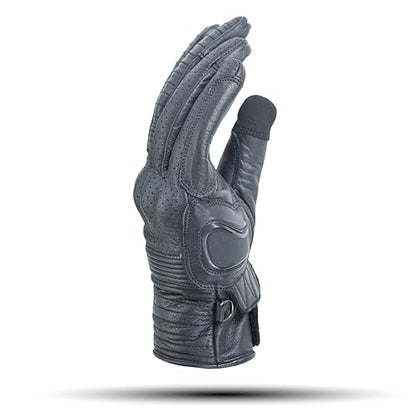 Leather Motorcycle Gloves for Men with Light Tricot Inner Lining Bike Riding Gloves with Fingers and Knuckle Padding with Adjustable Magic Tape Fastener