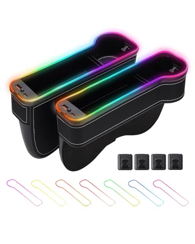 LED Car Seat Gap Filler Organizer Console Side Storage Box Between Seats with Cup Holders RGB Color Changing Storage Front Seat Gap Filler with USB Charging Car Interior Accessories (2 Count)