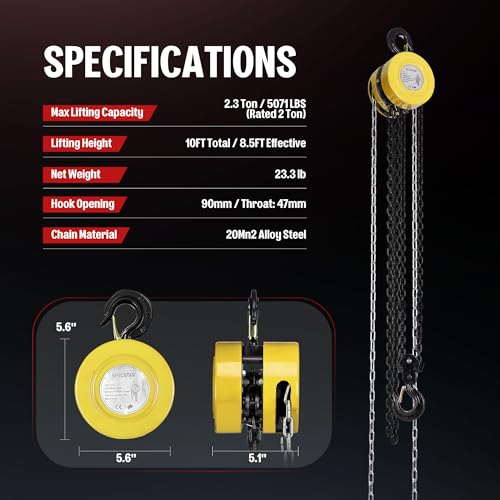 Hand Chain Hoist 2 Ton 4400 Lbs Capacity 10 Feet with 2 Hooks