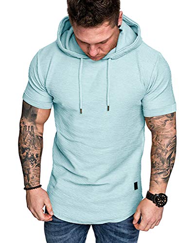 Mens Fashion Hoodies Sport Pullover Solid Color Shirt Workout Lightweight Tops Sky Blue X