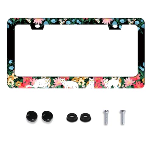 Cute Cat Flowers License Plate Frame Stainless Steel 2