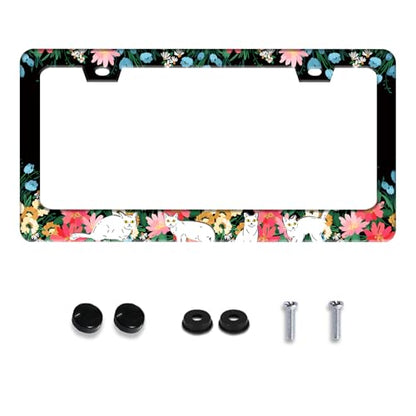Cute Cat Flowers License Plate Frame Stainless Steel 2
