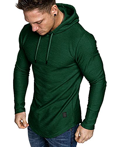 Mens Fashion Athletic Hoodies Sport Sweatshirt Solid Color Fleece Pullover Dark Green Large