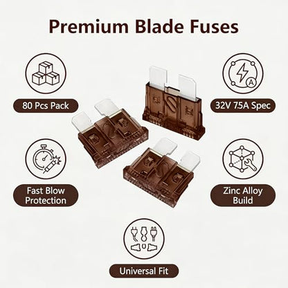 80Pcs) 7.5 Amp Standard Fuse, 7.5A Car Blade Fuses for Car/RV/Truck/SUV/Motorcycle/Boat
