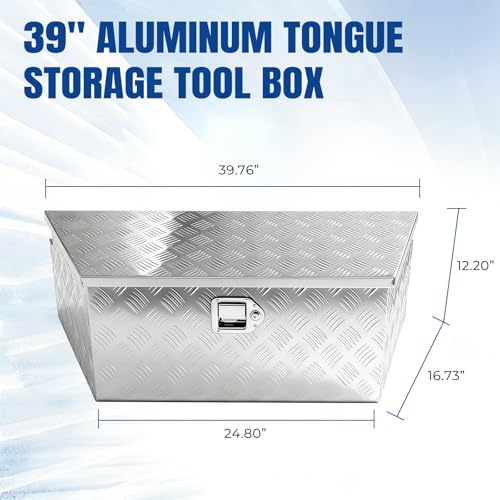 39" x 12" x 16.5" Trailer Tongue Tool Box Heavy Duty Aluminum with Latch and Keys Trailer Toolbox Organizer Truck Underbody Box Compatible with Pick Up Truck Bed RV Trailer ATV Silver