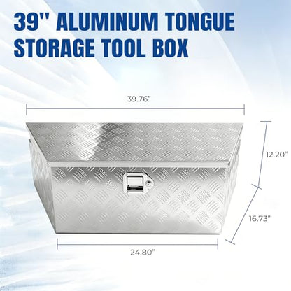 39" x 12" x 16.5" Trailer Tongue Tool Box Heavy Duty Aluminum with Latch and Keys Trailer Toolbox Organizer Truck Underbody Box Compatible with Pick Up Truck Bed RV Trailer ATV Silver