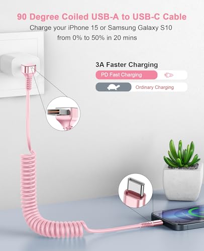USB A to USB C Cable 90 Degree 3FT&6FT Coiled USB Type C Cable for Car