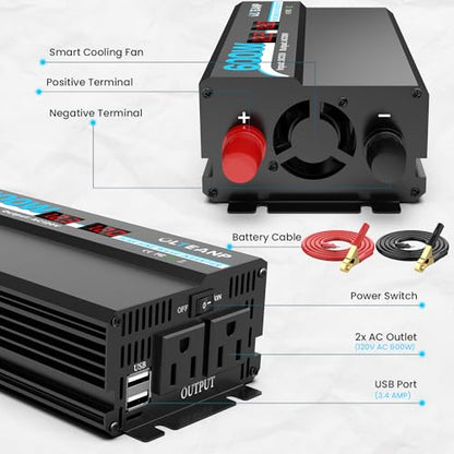 600W Pure Sine Wave Inverter 12V DC to 120V AC Converter for RV