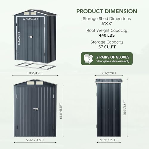5 x 3 FT Storage Shed with Floor Frame for Backyard