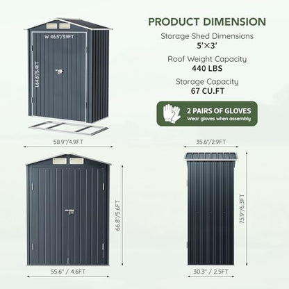 5 x 3 FT Storage Shed with Floor Frame for Backyard