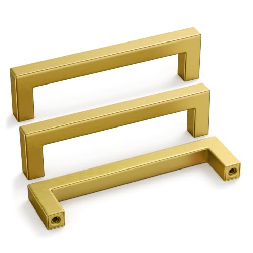 5 Pack 4 Inch Gold Cabinet Handles Brushed Brass Drawer Pulls