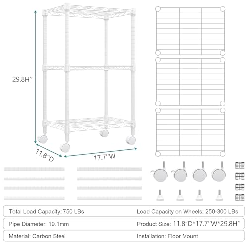 3 Tier Shelf Metal Storage Shelves Wire Rack Closet Organizers with Wheel for Garage Kitchen Bathroom Laundry White 11.8" D x 17.7" W x 29.8" H (3 Count)