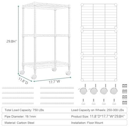 3 Tier Shelf Metal Storage Shelves Wire Rack Closet Organizers with Wheel for Garage Kitchen Bathroom Laundry White 11.8" D x 17.7" W x 29.8" H (3 Count)